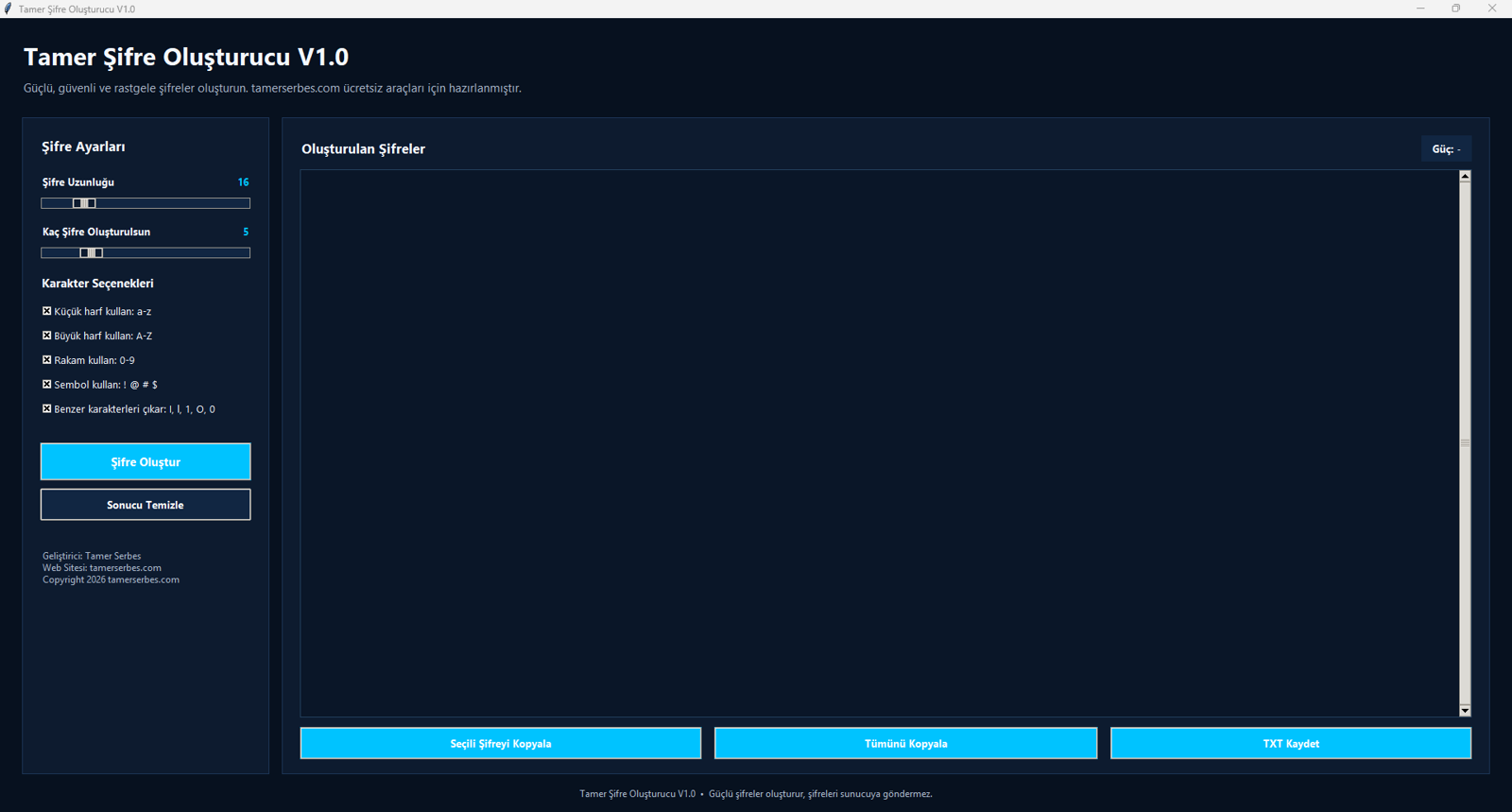 Tamer Şifre Oluşturucu V1.0 ön izleme